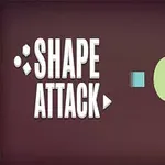 Teksti SHAPE ATTACK vasemmalla ja värikkäitä geometrisia muotoja oikealla ruskealla taustalla