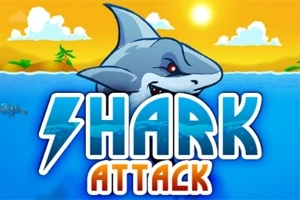 Haita kuvaava piirretty kuva, jossa on teksti SHARK ATTACK ja aurinkoista merta taustalla