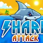 Haita kuvaava piirretty kuva, jossa on teksti SHARK ATTACK ja aurinkoista merta taustalla