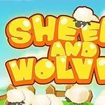 Suurikokoiset, oranssit kirjaimet SHEEP AND WOLVES taustalla pilviä ja lampaita
