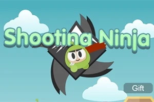 Pieni vihreä ninja hahmo mustan tähden päällä sinistä taustaa vasten pilvien keskellä
