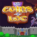 Ritaripukuinen hahmo taistelee miekalla lohikäärmettä vastaan linnanmuurin edessä, teksti sir Coins a Lot kuvassa