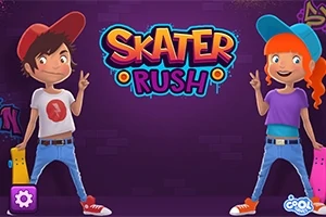 Kaksi sarjakuvamaista hahmoa hattu päässä seisoo purppuraa taustaa vasten värikkäiden Skater Rush -tekstin alla