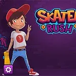 Kaksi sarjakuvamaista hahmoa hattu päässä seisoo purppuraa taustaa vasten värikkäiden Skater Rush -tekstin alla