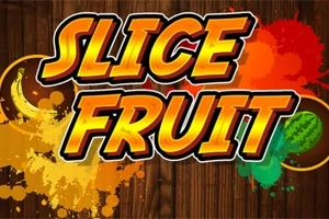 Tekstissä lukee Slice Fruit kelta-oranssilla kirjaintyylillä, ja taustalla on puukuvio sekä värikkäitä maaliläiskiä ja hedelmiä