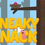 Tekstissä lukee Sneaky Snack, ylhäällä näkyy oksa, jolla on rikottu muna ja vaaleanpunainen lintu