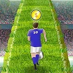 Jalkapalloilija sinisessä peliasussa juoksee vihreällä ruohoradalla kohti kultaista kolikkoa stadionilla