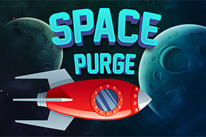 Punainen avaruusalus ja vihertävät planeetat tummalla tähtitaustalla, tekstillä Space Purge