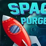 Punainen avaruusalus ja vihertävät planeetat tummalla tähtitaustalla, tekstillä Space Purge