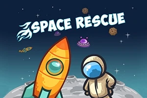Raketti ja hahmo avaruuspuvussa seisovat kuussa avaruustaustan edessä, jossa on teksti Space Rescue