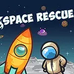 Raketti ja hahmo avaruuspuvussa seisovat kuussa avaruustaustan edessä, jossa on teksti Space Rescue