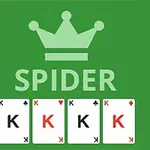 Vihreällä taustalla lukee SPIDER kruunun yläpuolella, ja alareunassa on neljä pelikorttia, joissa on mustia ja punaisia kurkoja