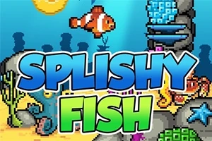 Värikäs pikselitaideteos, jossa on kala ja merellinen ympäristö sekä teksti Splishy Fish