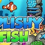 Värikäs pikselitaideteos, jossa on kala ja merellinen ympäristö sekä teksti Splishy Fish