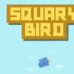 Kuvassa on keltaisella tekstillä kirjoitettu otsikko SQUARY BIRD sekä sininen, neliömäinen lintu vaaleansinistä taustaa vasten