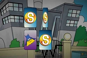 Sarjakuvatyylinen kuva esittää kortteja, joissa on kirjain S ja yksi kortti, jossa on sininen ja keltainen kuvio, taustalla on moderni rakennus