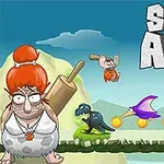Punahiuksinen hahmo nuijalla, dinosaurus, ja lentävä eläin keräävät kultakolikoita vihreällä alustalla vuoristoisella taustalla