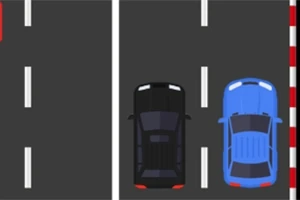 Kaksi autoa, musta ja sininen, ajaa rinnakkain kaistamerkityllä tiellä