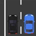 Kaksi autoa, musta ja sininen, ajaa rinnakkain kaistamerkityllä tiellä