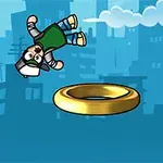Piirroshahmo, jolla on vihreä paita ja kypärä, hyppää kultaisia renkaita vasten sinistä taustaa, jossa on pilviä ja kaupunkisiluetti