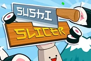 Sarjakuvamaista sushigrafiikkaa veitsen ja sushipalojen kanssa vuoristotaustalla