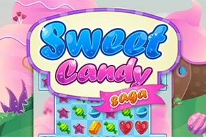 Värikäs karkkiteema, jossa on sana Sweet Candy saga ja rivissä erilaisia makeisia