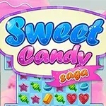 Värikäs karkkiteema, jossa on sana Sweet Candy saga ja rivissä erilaisia makeisia