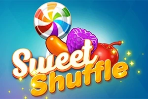 Kirjava karkkitikkari, oranssi karkki, violetti vadelma ja punainen kirsikka sinisellä taustalla, jossa lukee Sweet Shuffle
