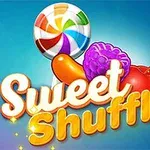 Kirjava karkkitikkari, oranssi karkki, violetti vadelma ja punainen kirsikka sinisellä taustalla, jossa lukee Sweet Shuffle