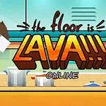 Pikselöity hahmo lentää rakettirepulla keittiössä, taustalla näkyy teksti the floor is lava ja suuret keittiökattilat