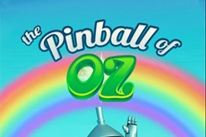 Sinisellä taustalla on sateenkaari, jossa on teksti The Pinball of Oz ja robotin osittain näkyvä käsi