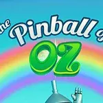 Sinisellä taustalla on sateenkaari, jossa on teksti The Pinball of Oz ja robotin osittain näkyvä käsi