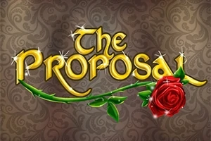 Kuvassa on koristeellisella taustalla keltasävyinen teksti The Proposal, jonka alapuolella kulkee ruusunkuvioinen köynnös ja siinä on punainen ruusu