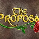 Kuvassa on koristeellisella taustalla keltasävyinen teksti The Proposal, jonka alapuolella kulkee ruusunkuvioinen köynnös ja siinä on punainen ruusu