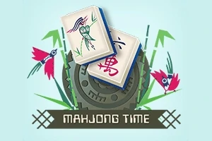 Kaksi mahjong-laattaa roottorin, lintumotiivien ja bambunoksien kera vaaleansinisellä taustalla tekstin Mahjong Time päällä