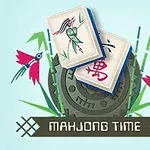 Kaksi mahjong-laattaa roottorin, lintumotiivien ja bambunoksien kera vaaleansinisellä taustalla tekstin Mahjong Time päällä