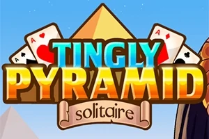 Korttipakkakuvio ja pyramidi taustalla, keskellä tekstit Tingly Pyramid Solitaire