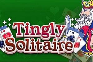 Vihreällä taustalla on iso teksti Tingly Solitaire, jota ympäröivät kortit ja piirretty kuningashahmo