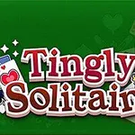 Vihreällä taustalla on iso teksti Tingly Solitaire, jota ympäröivät kortit ja piirretty kuningashahmo