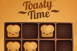 Kolme viipaletta hymyilevää paahtoleipää ruudukossa ruskealla taustalla tekstillä Toasty Time