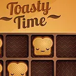 Kolme viipaletta hymyilevää paahtoleipää ruudukossa ruskealla taustalla tekstillä Toasty Time