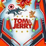 Flipperipeli, jossa on animoidut hahmot ja teksti Tom & Jerry, sekä värikkäät elementit kuten nuolia ja räjähdysmerkkejä