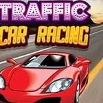 Punainen urheiluauto ajaa tyhjällä maantiellä kirjainten Traffic Car Racing alla