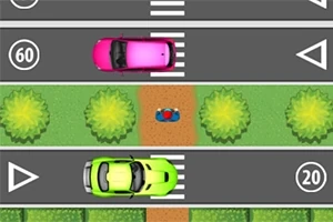 Vaaleanpunainen ja vihreä auto ajavat tiellä, joiden välissä on ruohoinen alue ja pyöräilijä