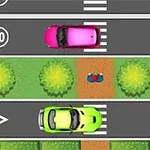 Vaaleanpunainen ja vihreä auto ajavat tiellä, joiden välissä on ruohoinen alue ja pyöräilijä
