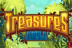 Tekstissä lukee Treasures Jungle vehreiden viidakkotaustojen keskellä