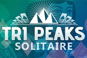Tri Peaks Solitaire -otsikko, jossa on kolme valkoista vuorenhuippua ja kortteja vihreällä taustalla