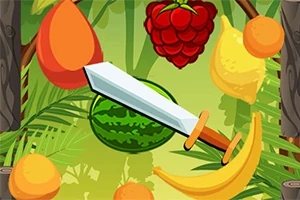 Miekka ja erilaisia hedelmiä, kuten vesimeloni, banaani, vadelma ja appelsiini, vihreällä taustalla