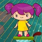 Piirroskuva tytöstä, jolla on violetti tukka ja keltainen mekko, seisomassa vihreällä tasanteella taustanaan sydämiä ja säteitä