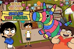 Kolme piirrettyä hahmoa seisoo värikkäässä tilassa, jossa on sateenkaaren värinen piñata ja juhlavat koristelut